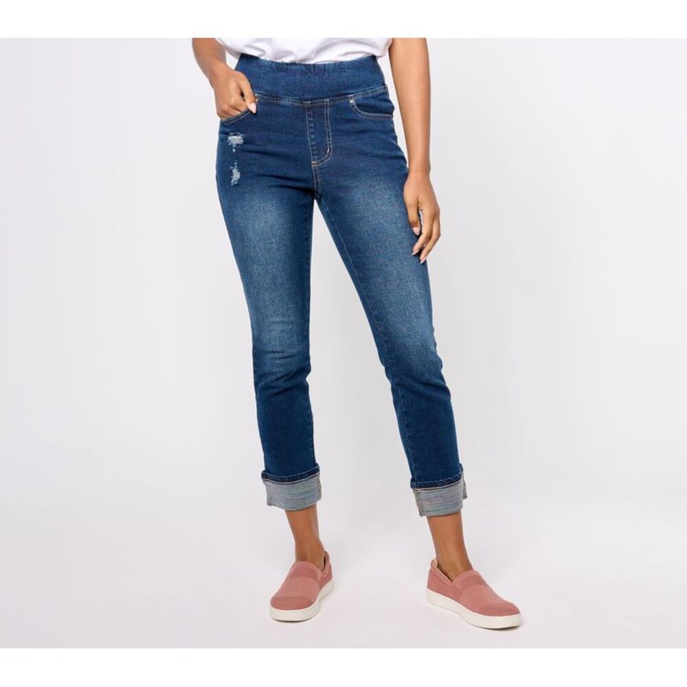 Belle by Kim Gravel Women's Plus Sz Pants 32 Rainbow Distressed Jean Blue